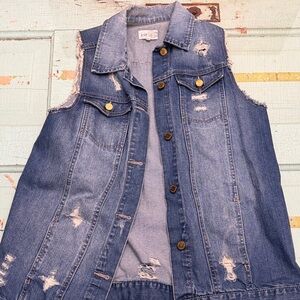 Jolt Distressed Long Oversize Denim Vest